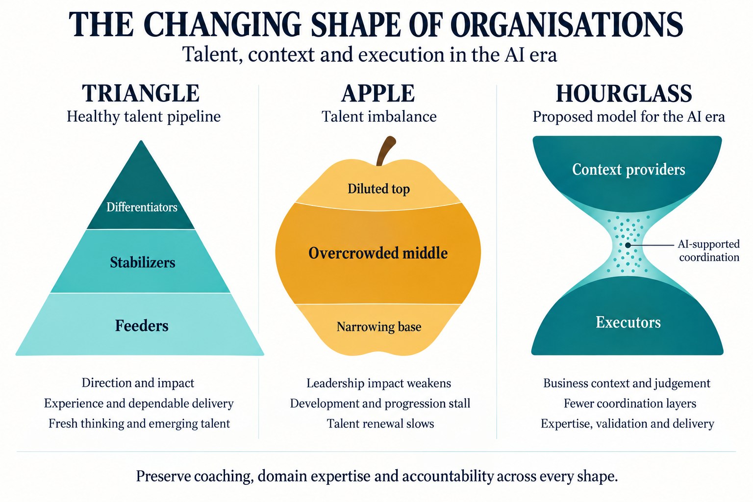 The changing shape of organisations: the triangle as a healthy talent pipeline, the apple as a talent imbalance, and the hourglass as a proposed model for the AI era with context providers above, executors below and AI-supported coordination at the waist